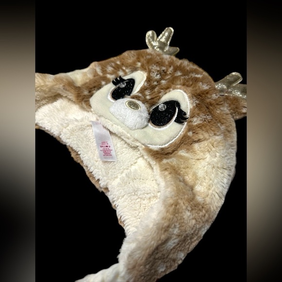 JUSTICE Girl's Deer Earflap Beanie Hat with Matching Gloves Set Cream One Sz EUC - Picture 9 of 15